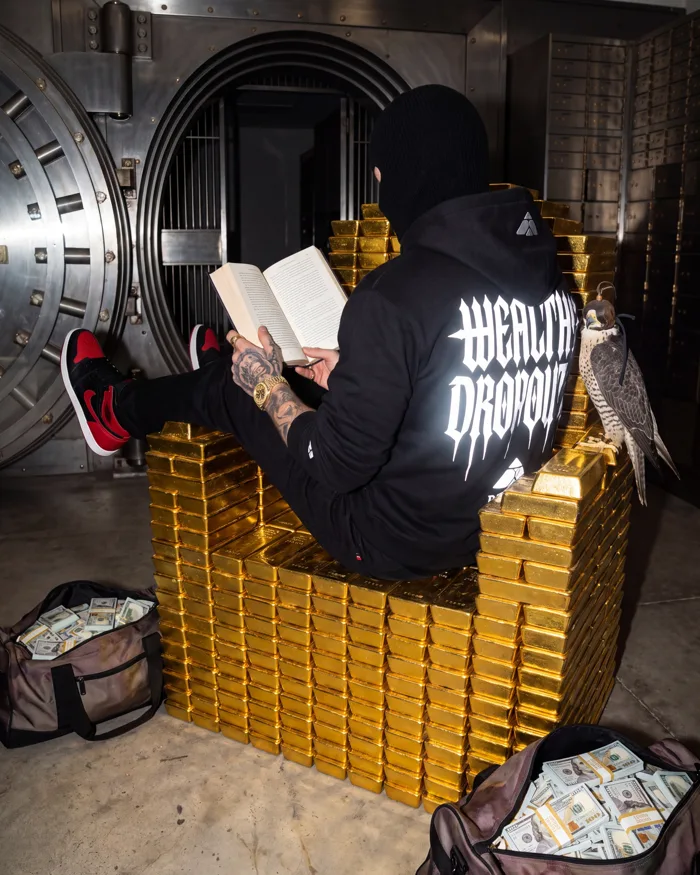 Worn: reading a book in a vault, the back print lit white by the flash